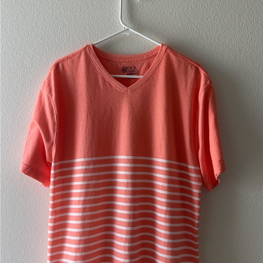 Coral and White Striped V-Neck T-Shirt